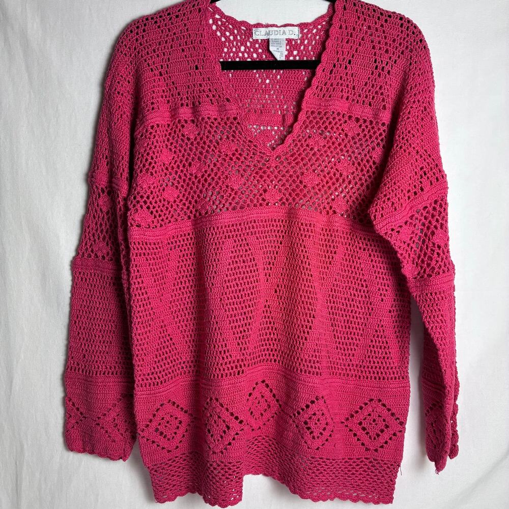 Vtg 1992 Claudia D Crochet Sweater Womens Med Magenta Open Knit Boho 90s Beach